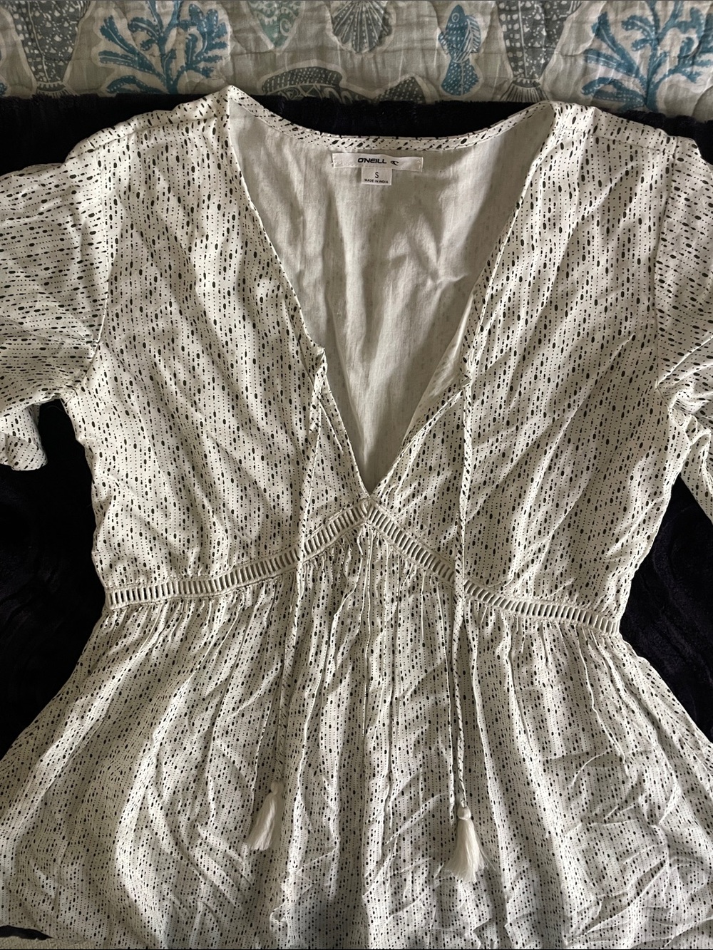 O'Neill white Eyelet Mini Dress with Tassel Ties